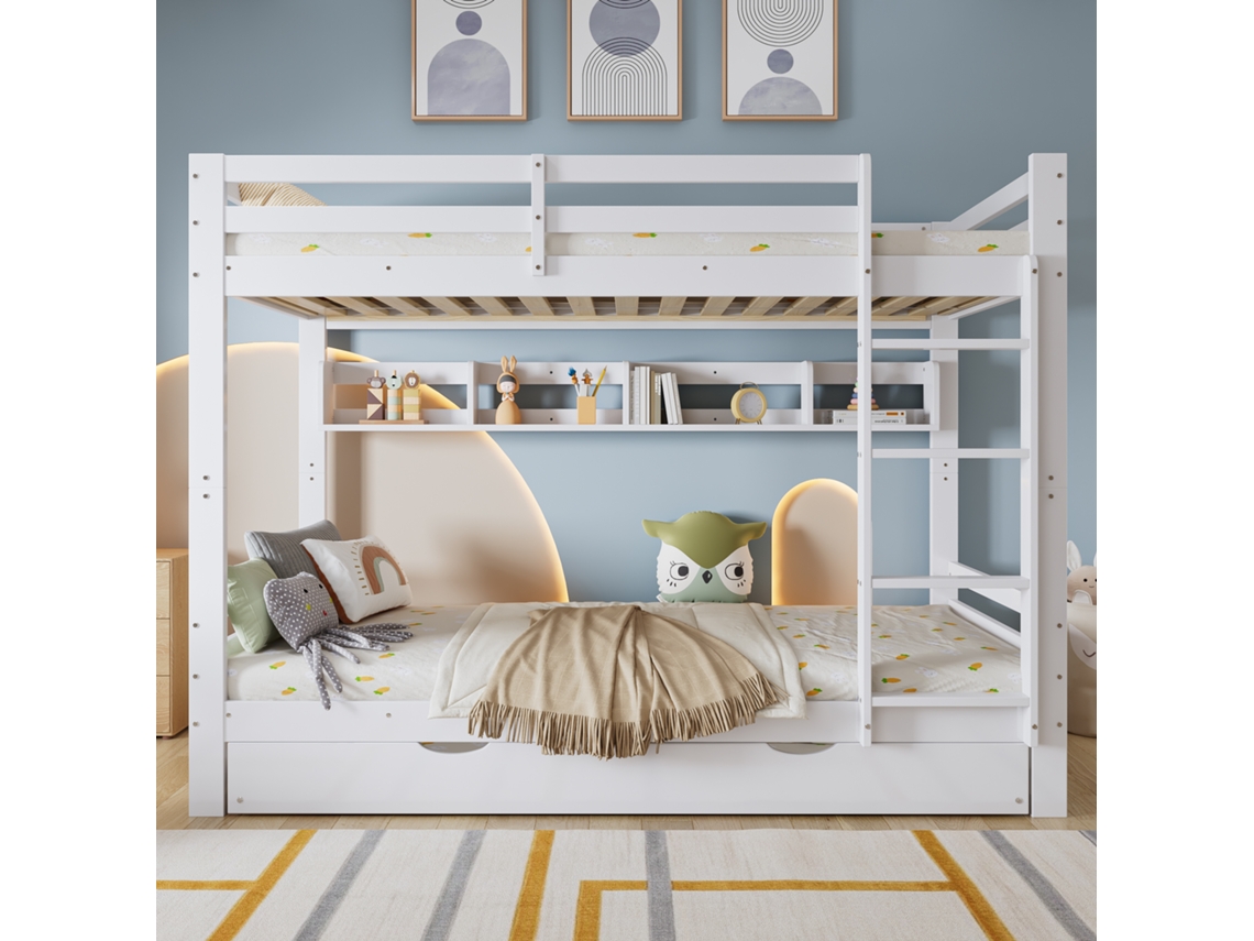 Litera Infantil De 90x200 Cm Con Cama Nido, Estante De 2 M, Escalera Y Somier De Láminas Resistente, Color Blanco.