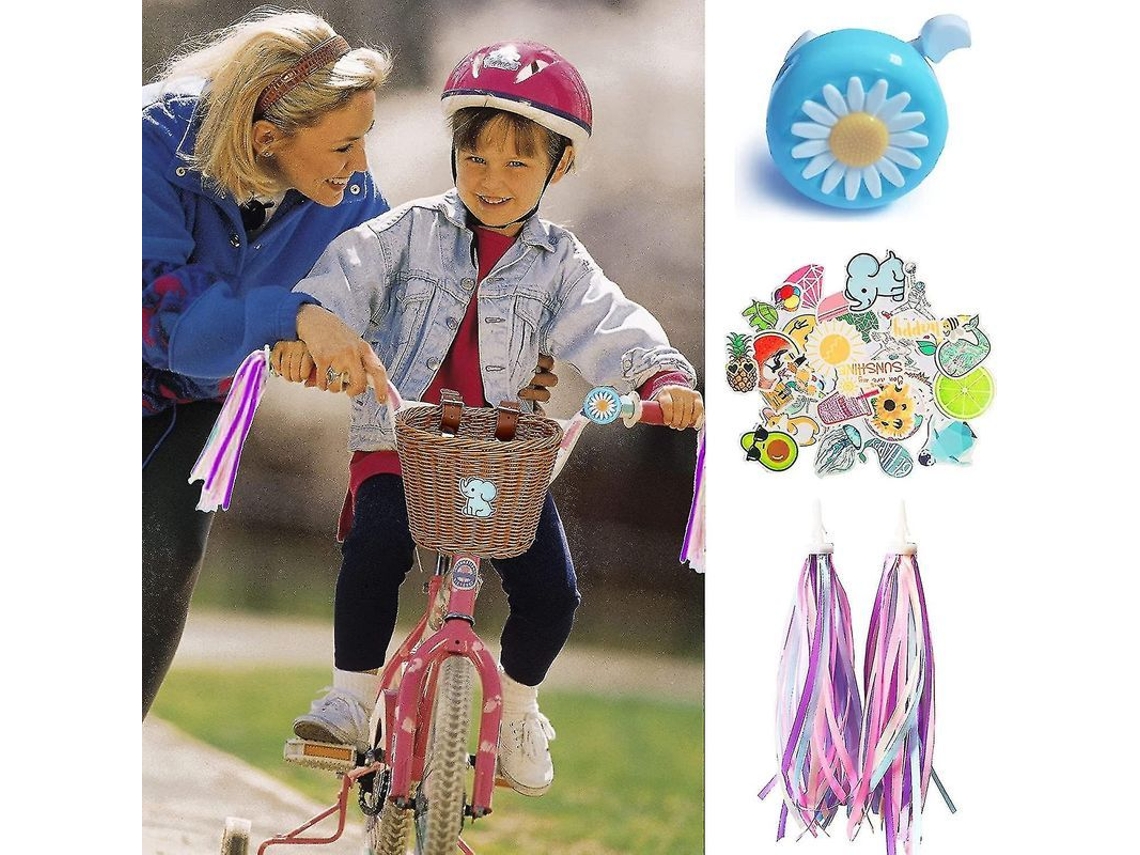 Cesta Delantera Para Bicicleta Infantil, Accesorio De Paja Tejida Con Faro Y Plumas, Color Marrón.