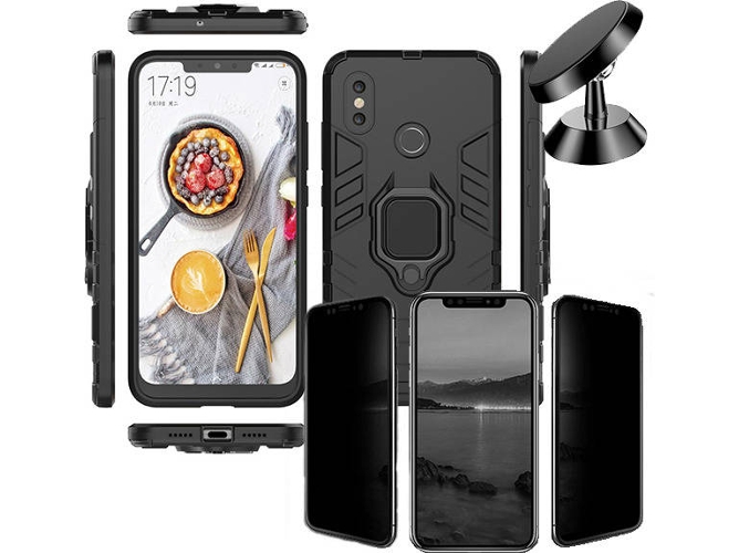 Kit Carcasa, Protector Privacy y Soporte Magnetico Xiaomi Mi Max 3 Military Defender Negro