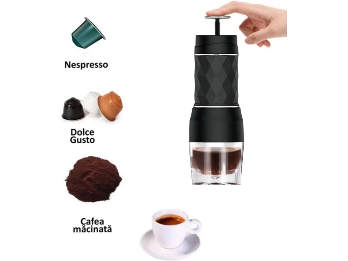 Cafetera portátil, manual, sin electricidad, compatible con cápsulas/café en polvo Eifson (negra)
