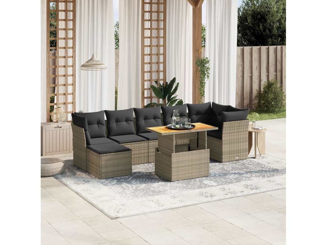 Conjunto de sofá de jardín de 8 piezas con cojines, ratán gris, DKD Home Decor