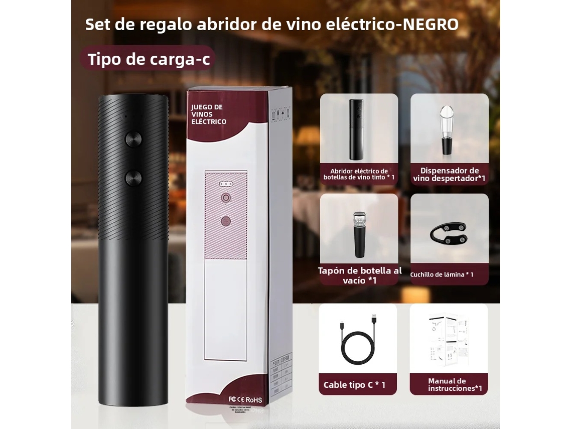 (Negro) Abrebotellas eléctrico recargable, diseño de un solo botón, perfecto para fiestas y Navidad.