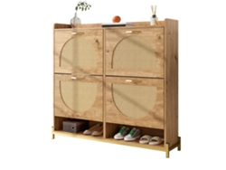 Zapatero MOBRIO de 4 puertas con ratán, estructura de metal y estante superior, roble claro (108,5 x 24 x 100 cm)