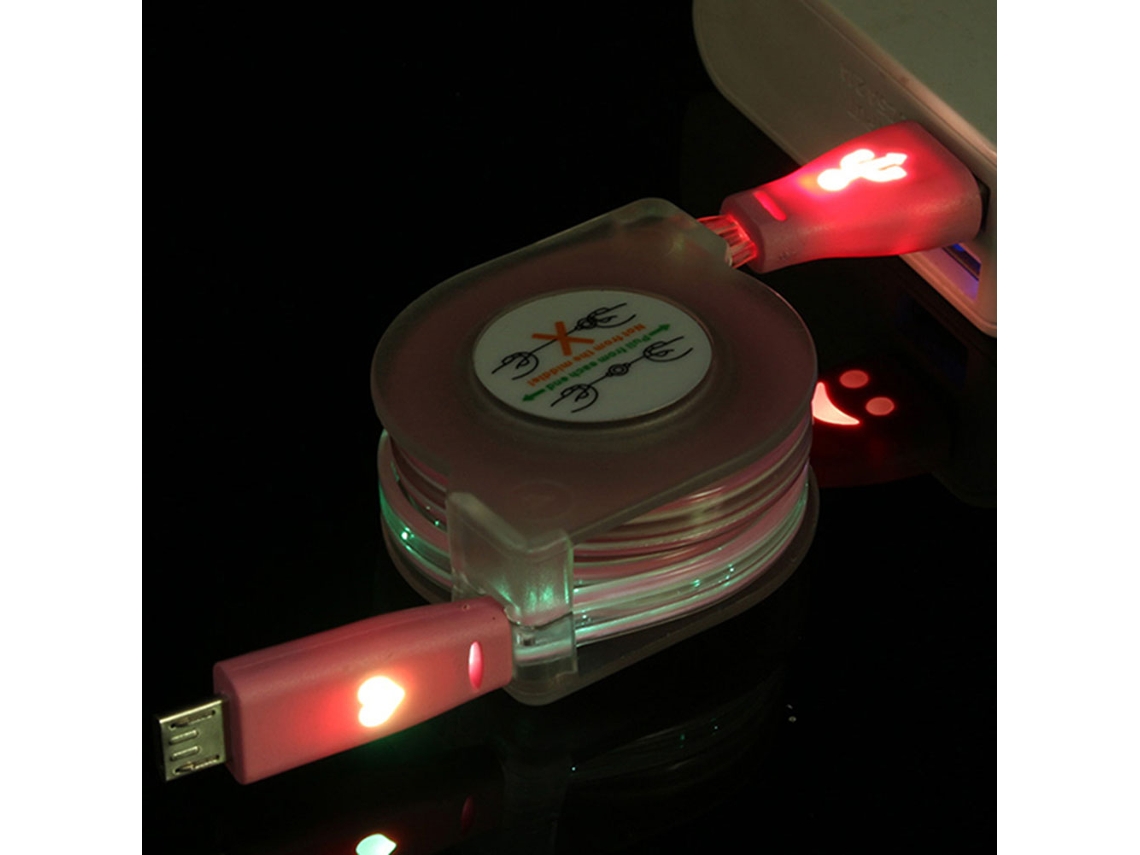 Cable De Datos (retráctil Con Luz) Cable De Datos Retráctil Con Cara Sonriente Iluminada Usb (aprox. 100cm Para Sistema Android) Rosa