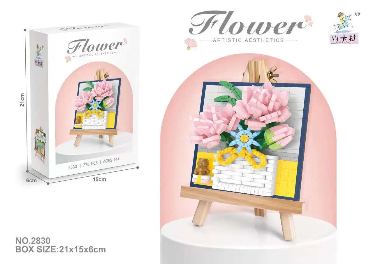 Cesta de flores (clavel) con pintura estereoscópica 3D - Mini bloques de construcción - Juguete educativo para niños - Regalo