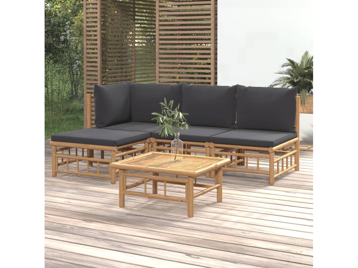 Conjunto Lounge 5 Peças Jardim Bamboo C/ Almofadões Cinza Escuro Dkd Home Decor