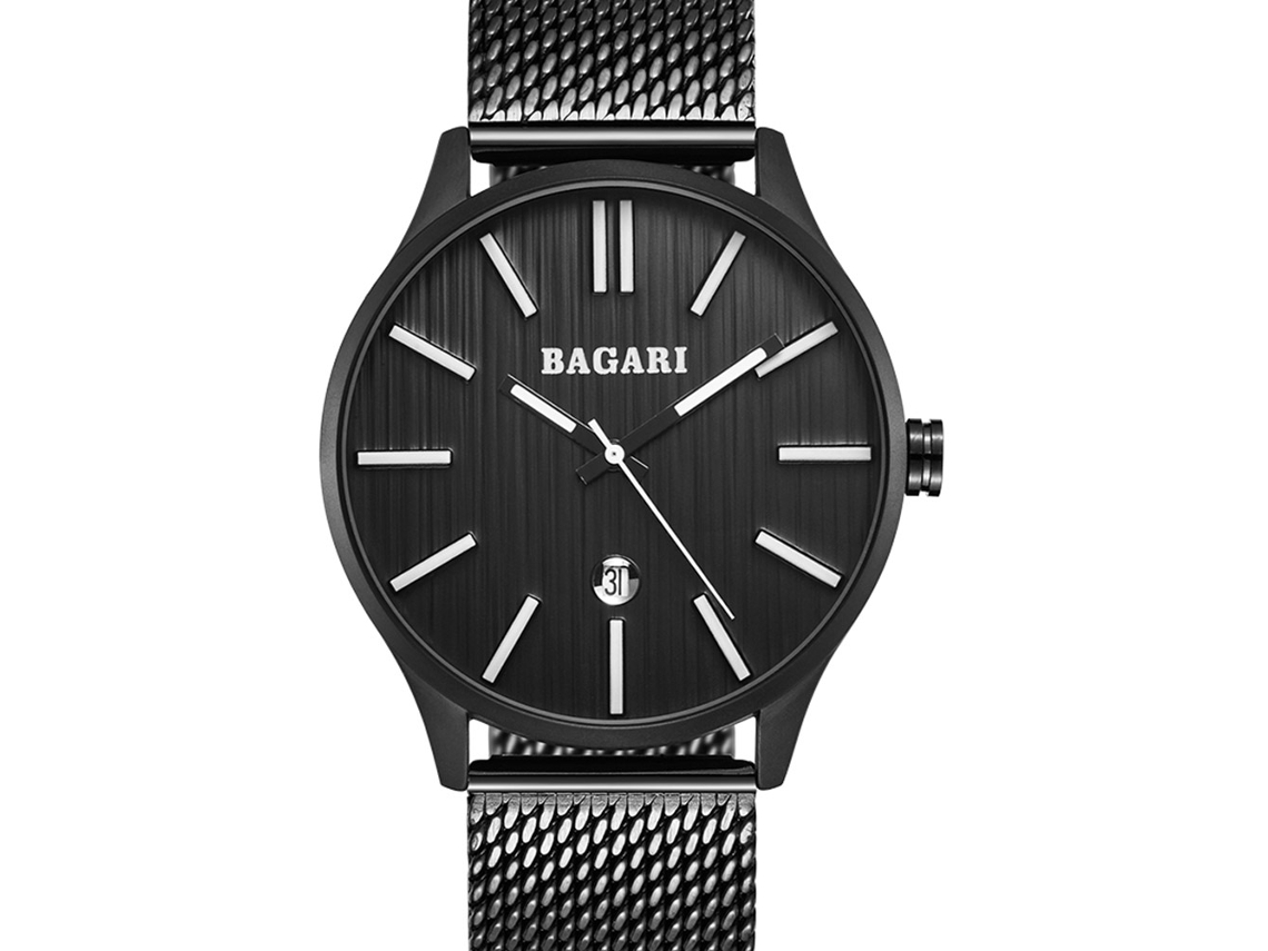 Reloj De Cuarzo Para Hombre Bagari Con Correa De Acero Inoxidable Pulsera De Moda Regalo Negro Puro