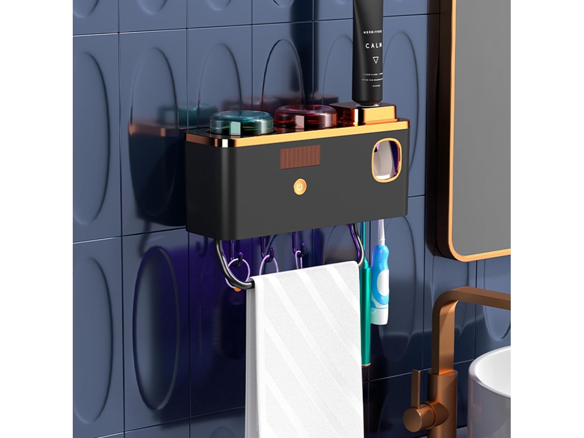 Portacepillos de dientes inteligente de pared con carga solar, 2 tazas y toallero negro Aeuzwr