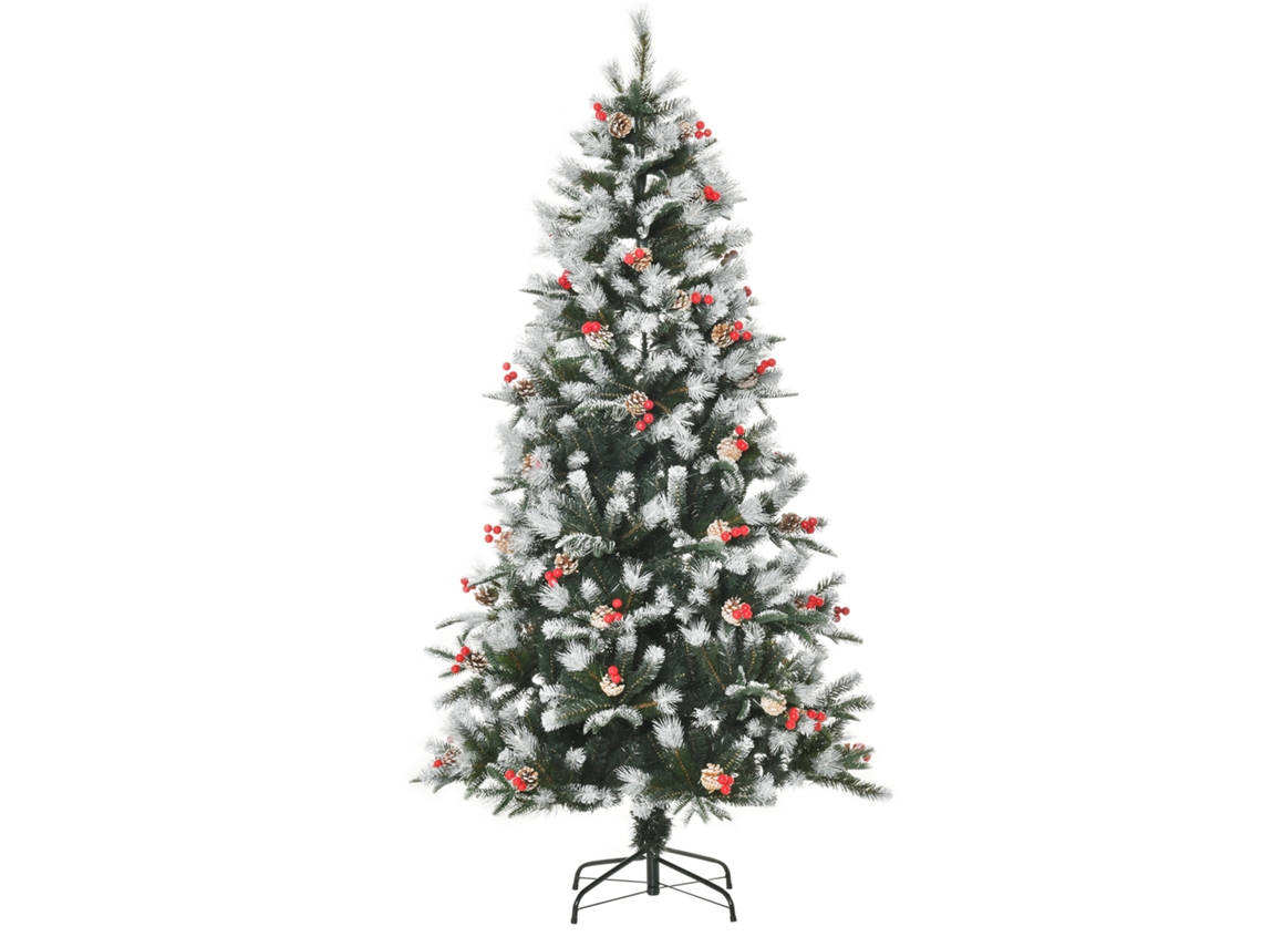 Árbol de Navidad verde de 180 cm, 678 ramas, 53 piñas, frutos, hojas, base plegable de PVC y PE, soporte metálico.
