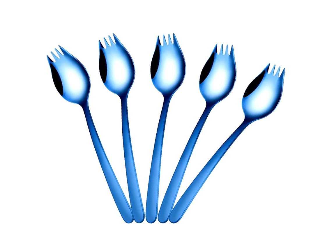 MEOIRUERY Cucharas y Tenedores 2 en 1, 5 Piezas, Reutilizables de Acero Inoxidable, para Sopa, Cena y Acampada