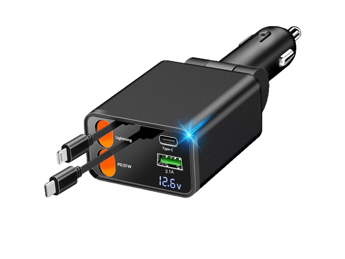 Cargador Vehículo 4en1 120w Cables Extensibles Lightning+usb-c, Pantalla Voltaje Giro 180°, Carga Pd Móviles Iphone Samsung Xiaomi