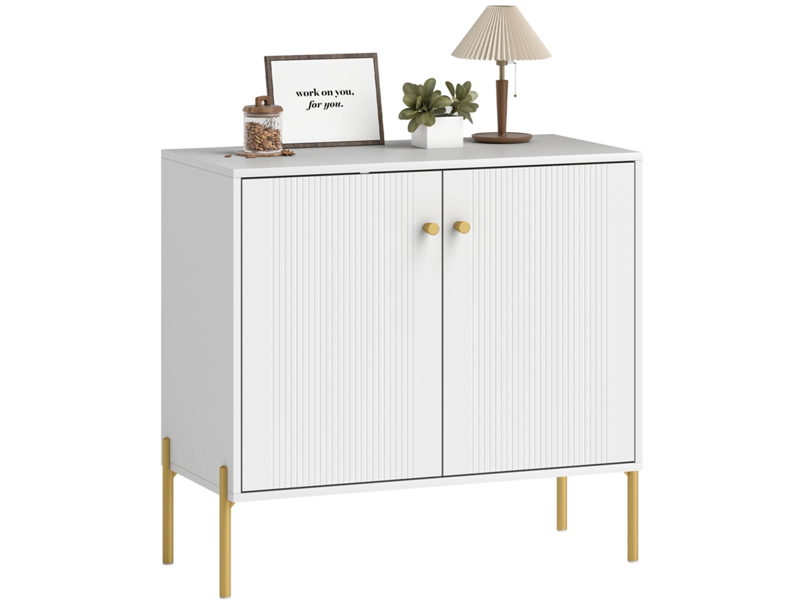 Aparador Para Salón, Mueble De Almacenamiento Con Puertas Dobles Acanaladas, Estante Ajustable, Patas De Acero, 80 X 39,1 X 76 Cm, Blanco