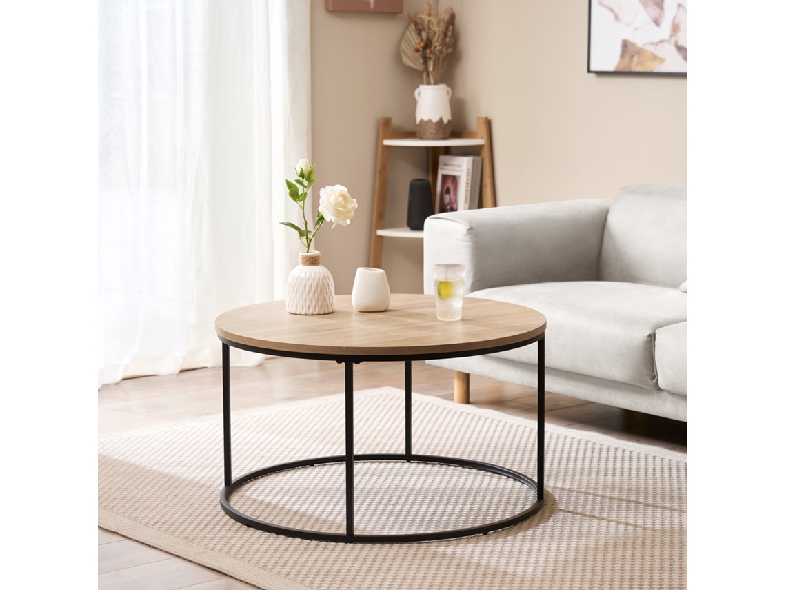 Mesa de centro Kuhmoinen redonda MDF/metal 45 x Ø 80 cm Efecto madera/ Negro [EN.CASA]