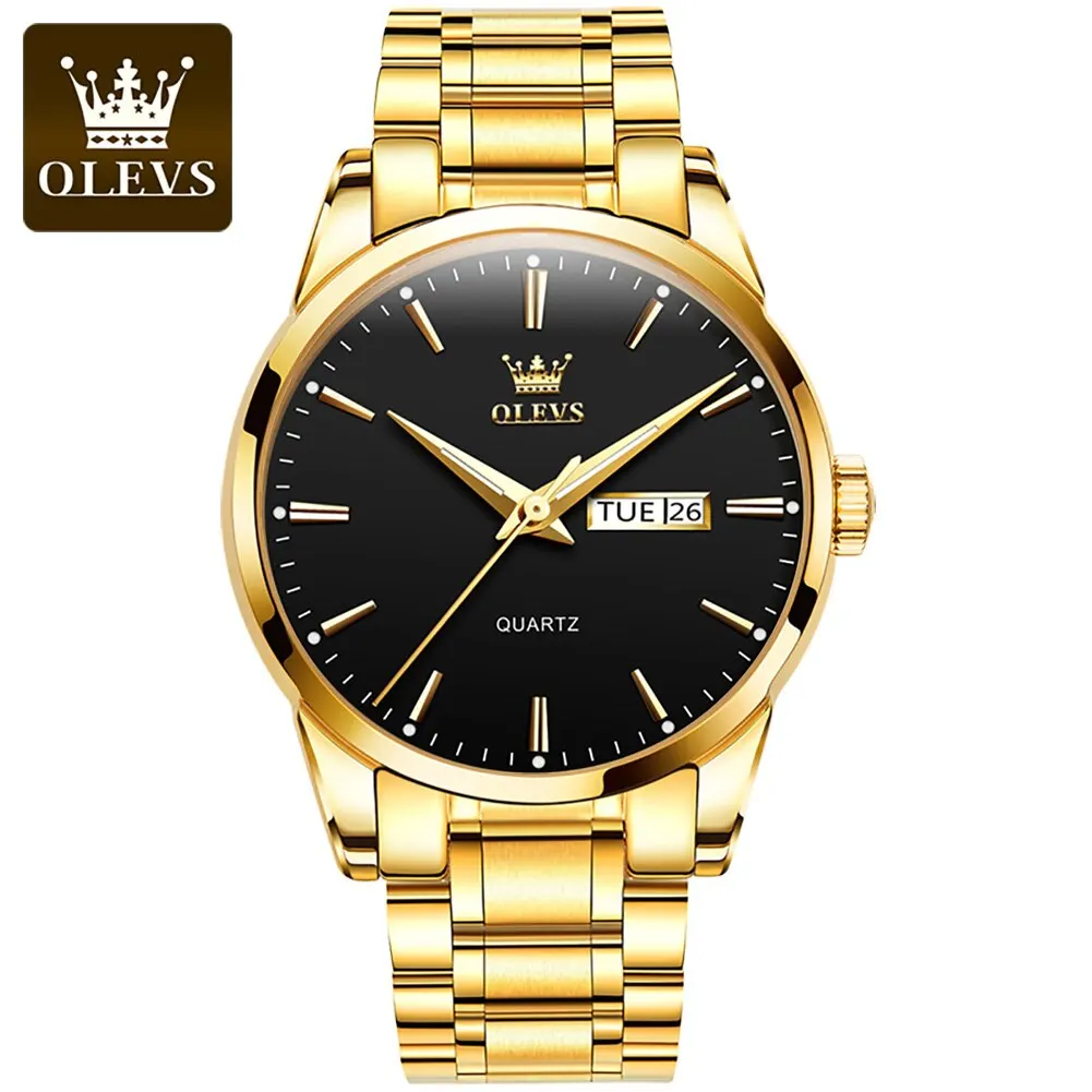 Reloj De Cuarzo De Lujo Para Hombre, Resistente Al Agua, Luminoso, Con Fecha Y Correa Dorada (esfera Negra).