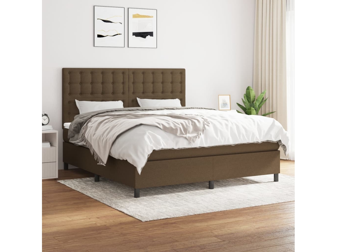 Cama Box Spring Con Colchón Tela Marrón Oscuro 180x200 Cm