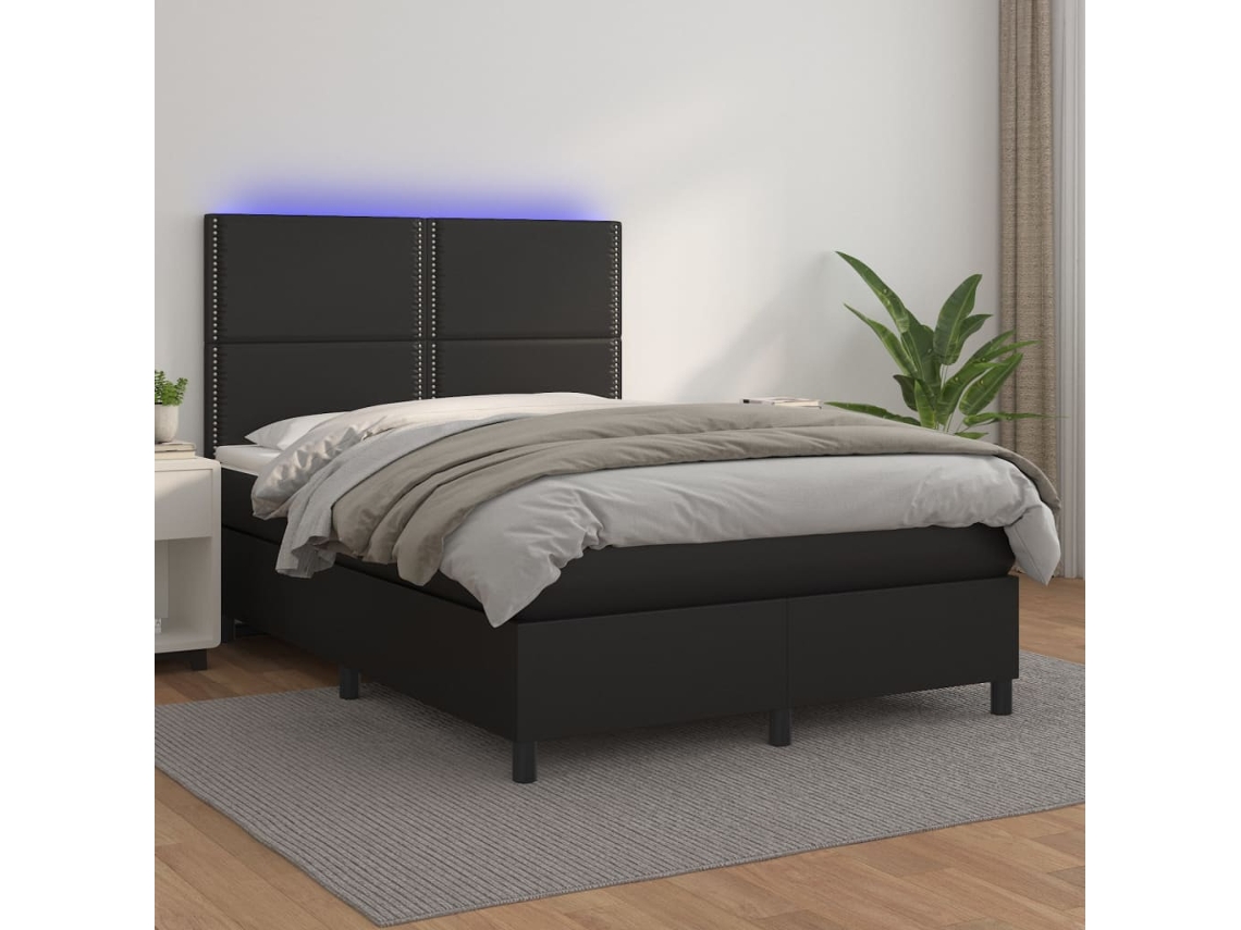 Cama Box Spring Colchón Y Led Cuero Sintético Negro 140x190 Cm