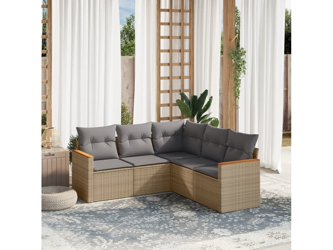 Conjunto de sofá de jardín de 5 piezas con cojines, mimbre sintético beige, Dkd Home Decor