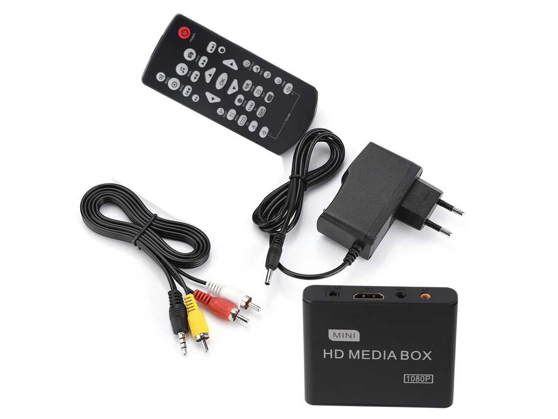 Mini Box reprodutor de mídia Full HD 1080p com suporte para USB, MMC, RMVB, MP3, AVI e MKV.