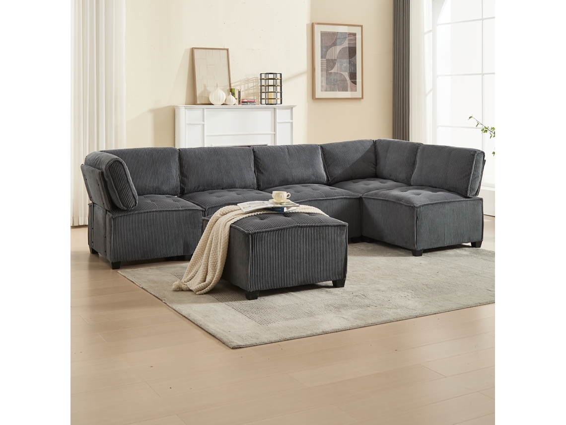 Sofá modular de 6 plazas, ergonómico, con compartimentos, convertible en cama en U/L/Mobrio.