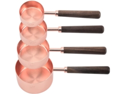Juego 4 Cucharas/vasos Medidores Acero Inoxidable Mangos Madera Para Líquidos Sólidos.