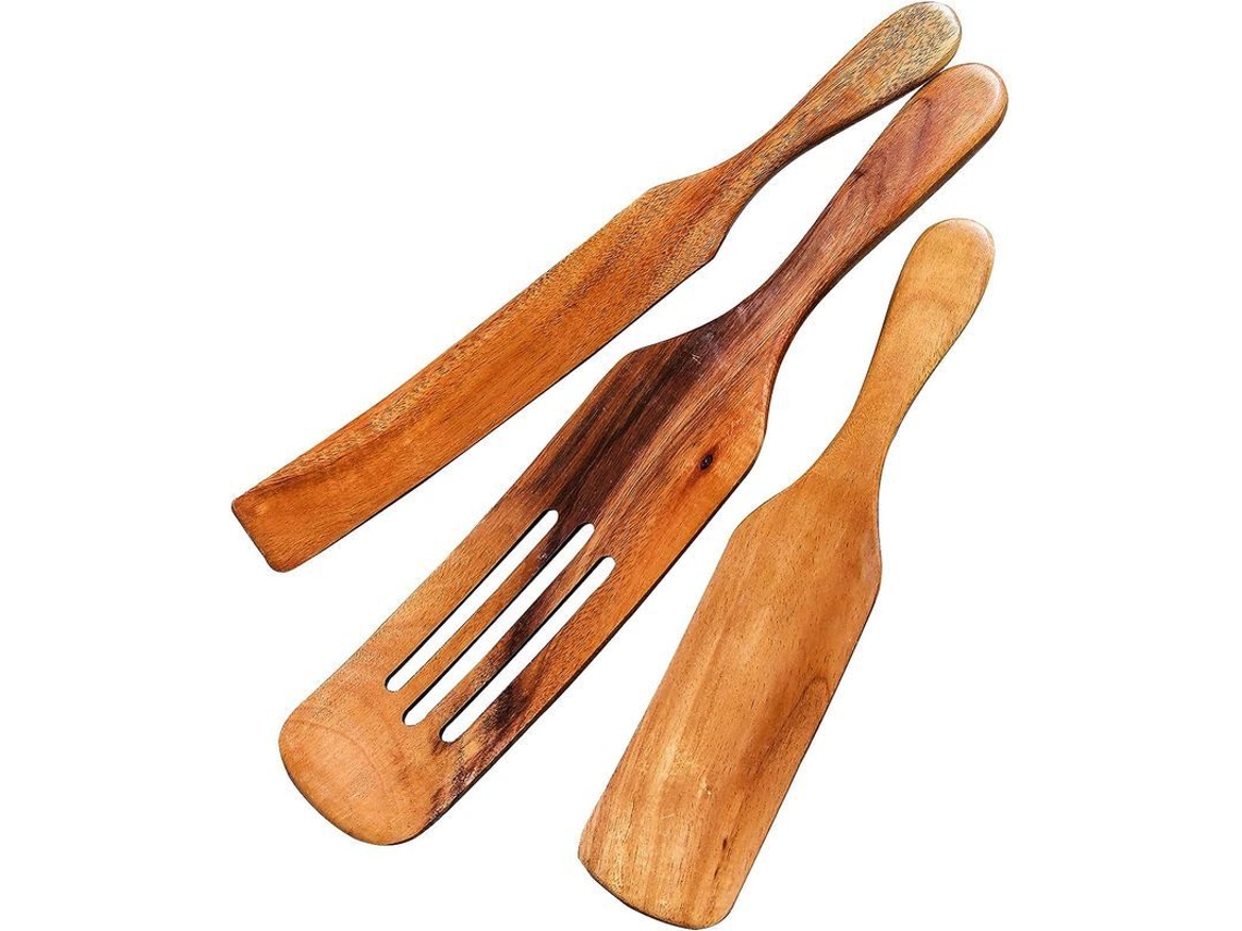 2026-41997-set De 3 Utensilios De Cocina De Teca Natural, Espátula Ranurada, Cuchara Y Colador Para Cocinar Y Mezclar