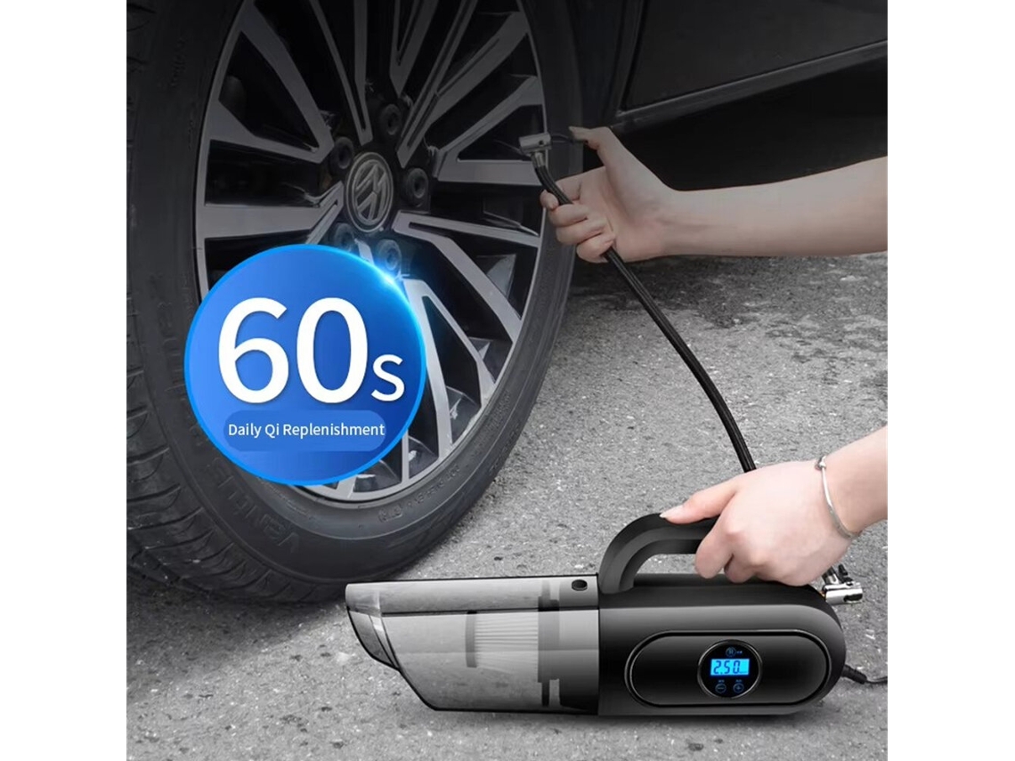 Aspiradora multifunción para coche, color negro, con bomba de aire y pantalla digital, potencia de succión de 80 W y 120 W de inflado, herramienta portátil de limpieza automática.
