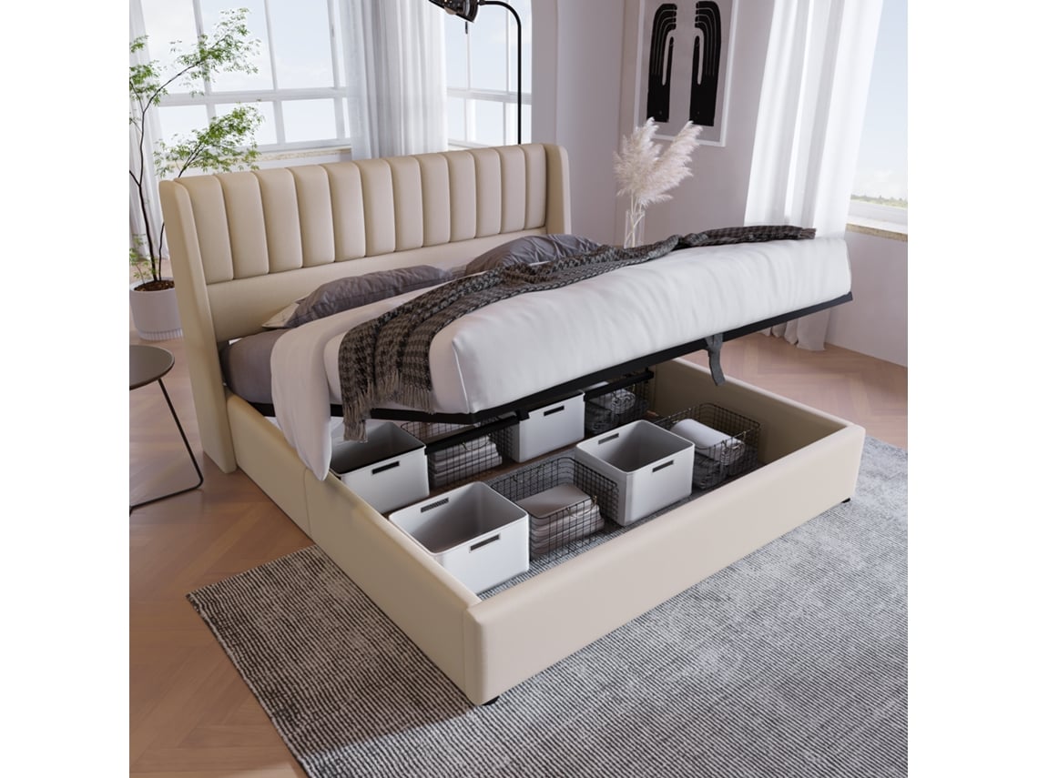 Cama Doble De Lino Beige, 160x200 Cm, Con Sistema Hidráulico Y Somier De Láminas.