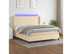 Cama Box Spring Colchón Y Luces Led Tela Crema 160x200 Cm