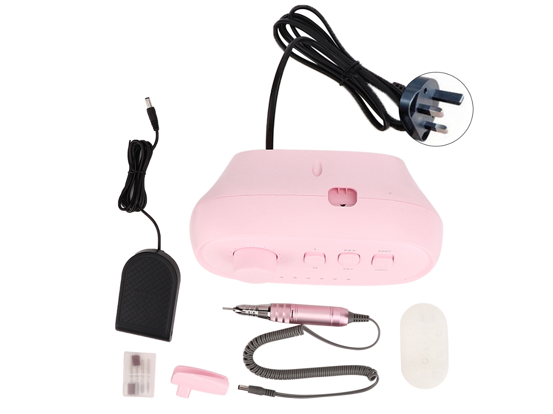 Lima de uñas eléctrica profesional de 30000 rpm con pedal y cabezales de lijado rosas, enchufe británico de 220 V.