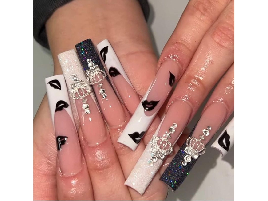 Uñas Postizas Largas Linjou En Blanco Y Negro Con Purpurina Y Diamantes, Color Nude Bailarina, De Presión Y Pegamento.