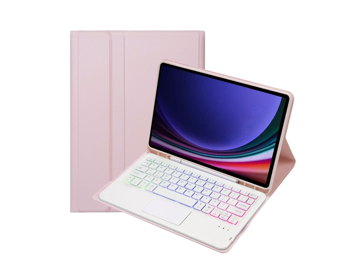Funda con teclado Bluetooth Fwinl para Samsung Tab S9 11 X718u (teclado y ratón táctiles retroiluminados), color portugués, rosa y blanco