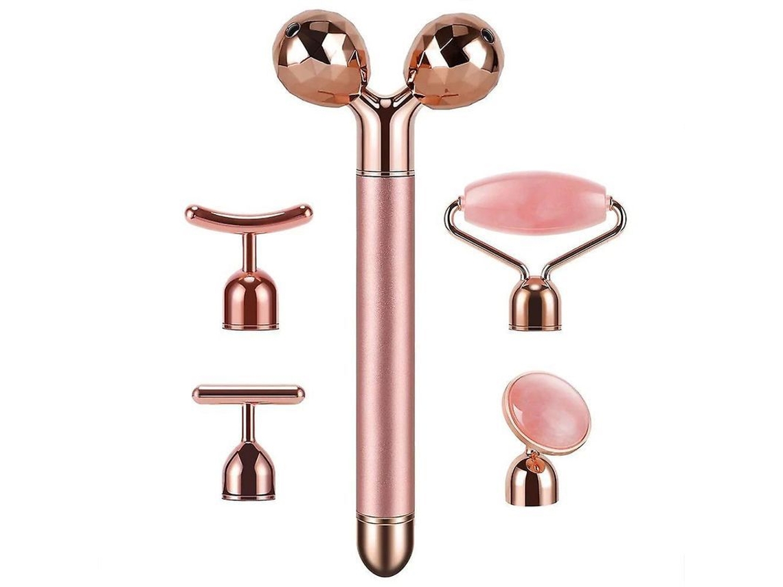 Masajeador Facial Eléctrico Vibratorio 5 En 1 Con Ruedas De Cuarzo Rosa Y Barra De Belleza Qvs