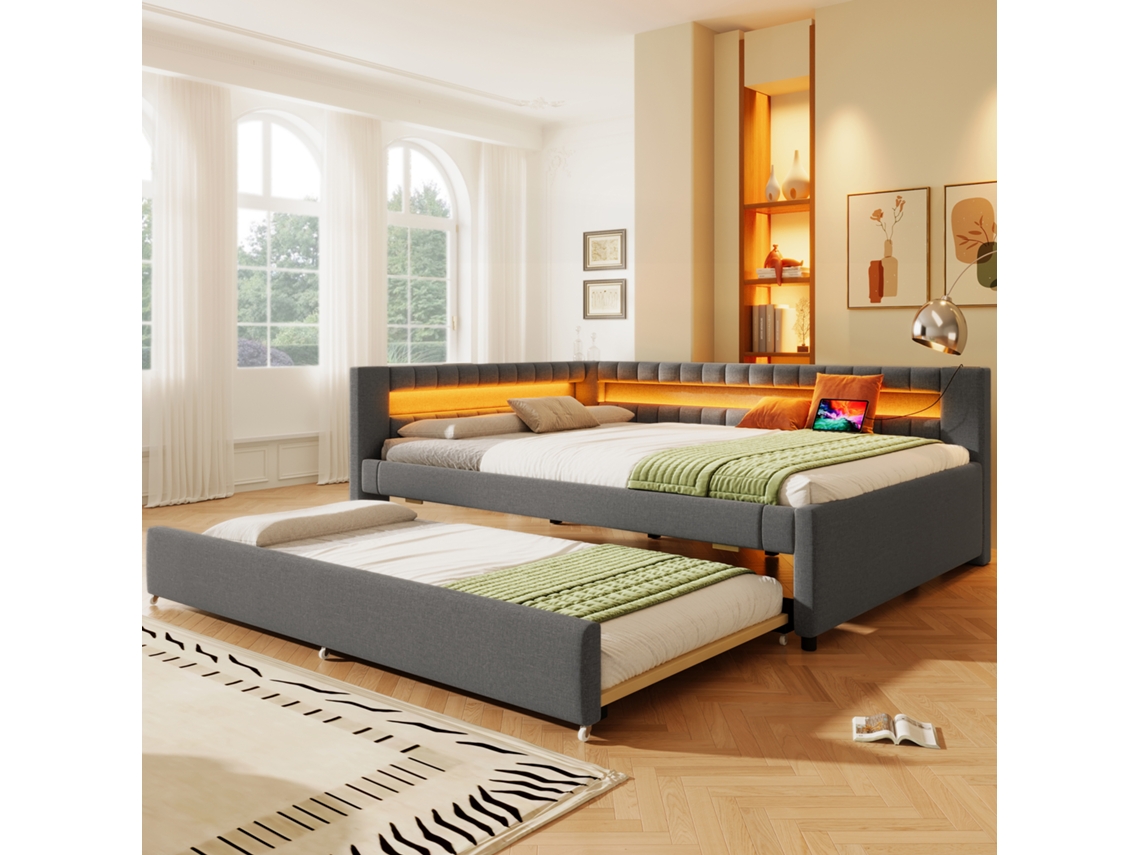 Sofá Cama De 140x200 Cm Con Cama Nido, Mando A Distancia Con Led, Usb/tipo-c, Tela Gris, Colchón No Incluido.