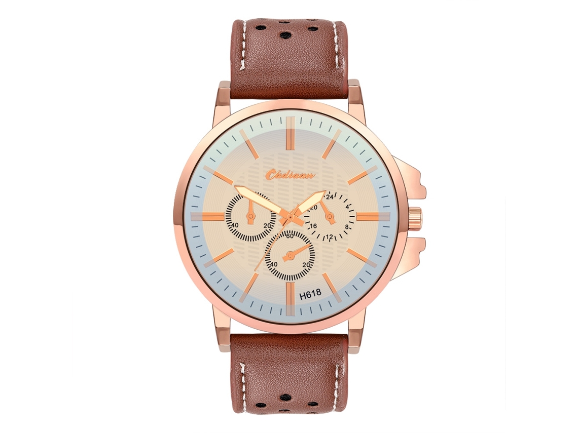 Reloj De Pulsera Unisex De Cuero Pu Casual Tres Ojos Oro Rosa Y Marrón Oscuro