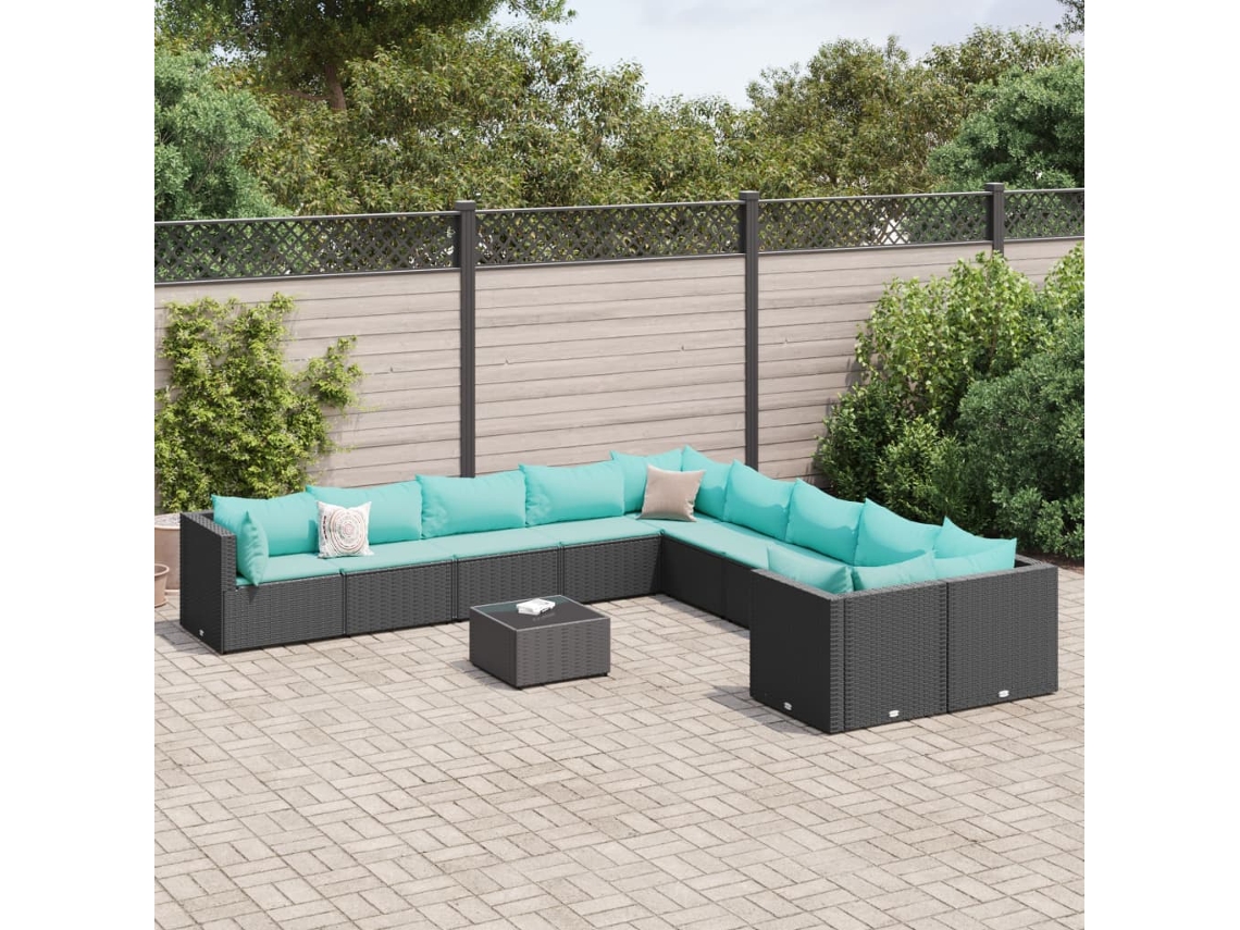 Conjunto de sofá de jardín de 11 piezas con cojines de mimbre sintético negro de DKD Home Decor