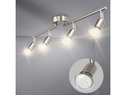 Kit de iluminación LED para riel con focos de techo giratorios en acabado níquel mate para interiores secos, con luz blanca cálida y brillo intenso.
