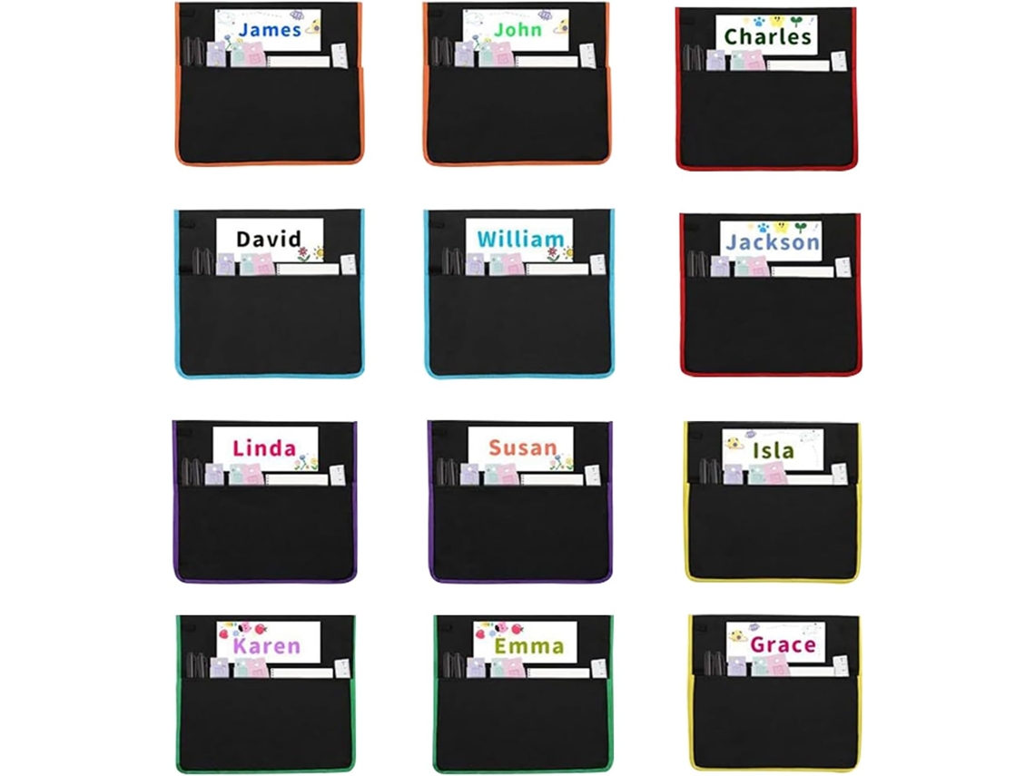 Juego de 12 cajas organizadoras para sillas con etiqueta de identificación y libros.