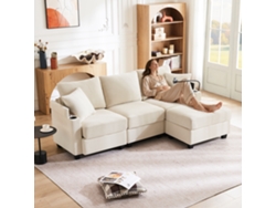 Sofá Convertible En Forma De L Con 3 Plazas, Reposapiés, Puerto Usb Y Compartimento De Almacenamiento, Color Beige.