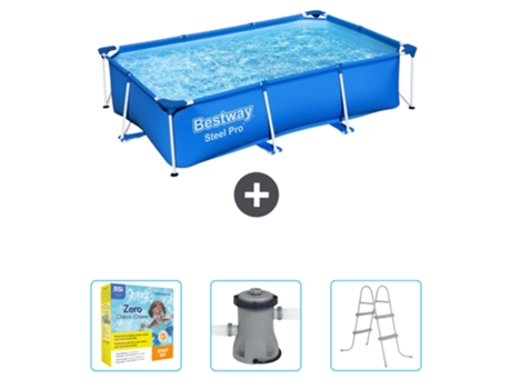 Piscina BESTWAY Rectangular Steel Pro - 259 x 170 x 61 cm - Azul - Incluida Paquete de mantenimiento - Bomba - Escalera