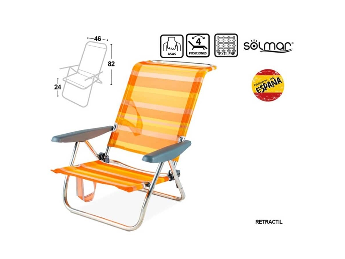 Silla de playa reclinable Solmar Bestway de aluminio con rayas iris en naranja mediterráneo. Posibilidad de tumbarse.