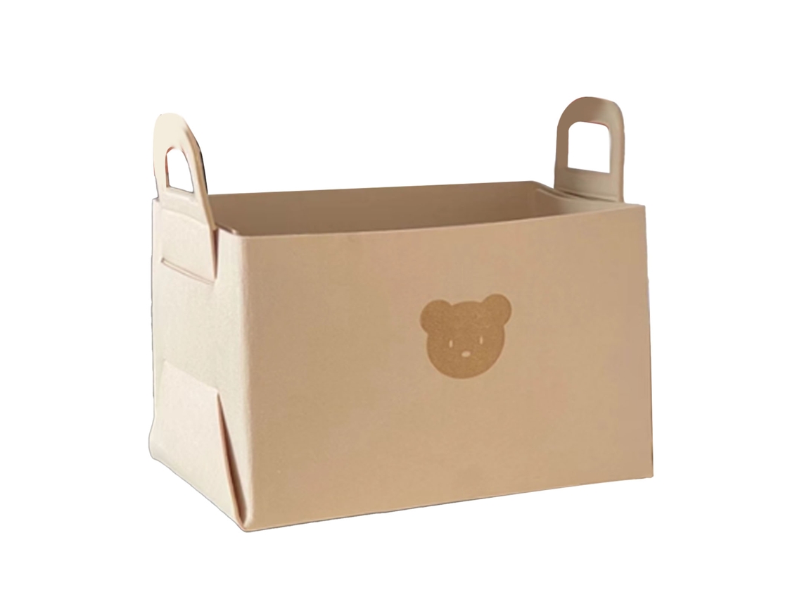 Cesta De Almacenamiento Plegable De Fieltro Con Asas Con Estampado De Oso Para El Hogar Y La Mesa, Color Beige.