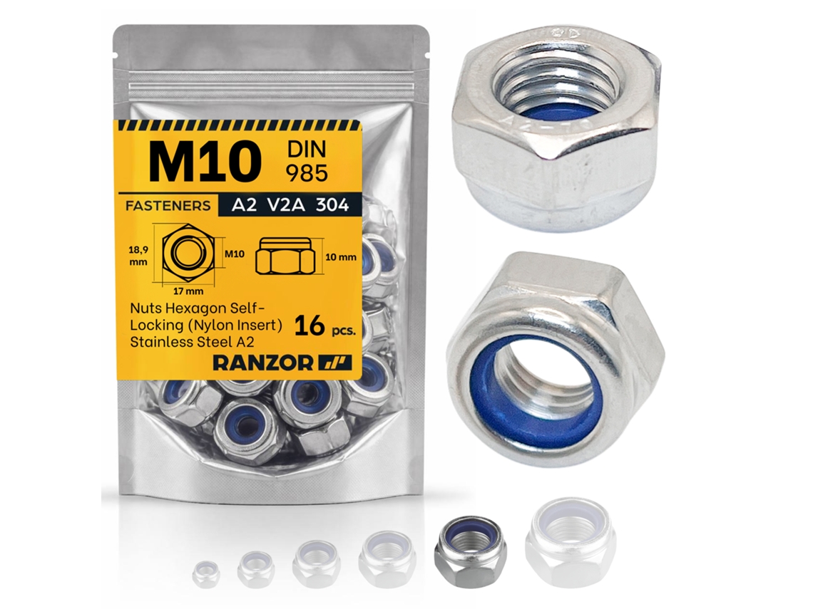 Tuerca Autoblocante Inox A2 Din 985 M10 (16 Un.) Ranzor | Hex Lock Nut Stainless Steel Aisi 304