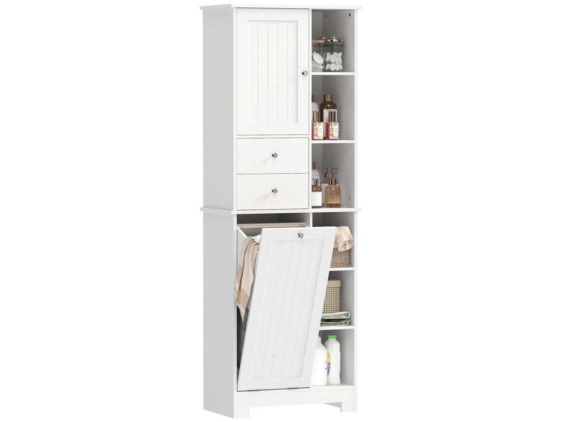 Mueble De Baño Blanco Con Cesta De Ropa Basculante Y Cajones.