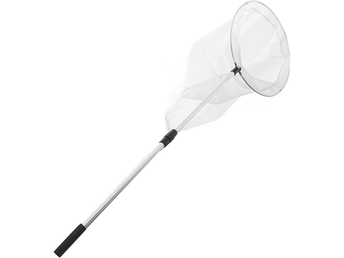 Mosquitera con mango telescópico, de aleación de metal blanco, para uso exterior.