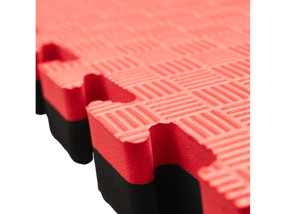 Tatami Puzzle 4 PIEZAS (4m² )Esterilla Goma Espuma Tatami Suelo para Gimnasio Ideal Artes Marciales 1m x 1m x 4cm Superficie 5 líneas Rojo/Negro Reversible