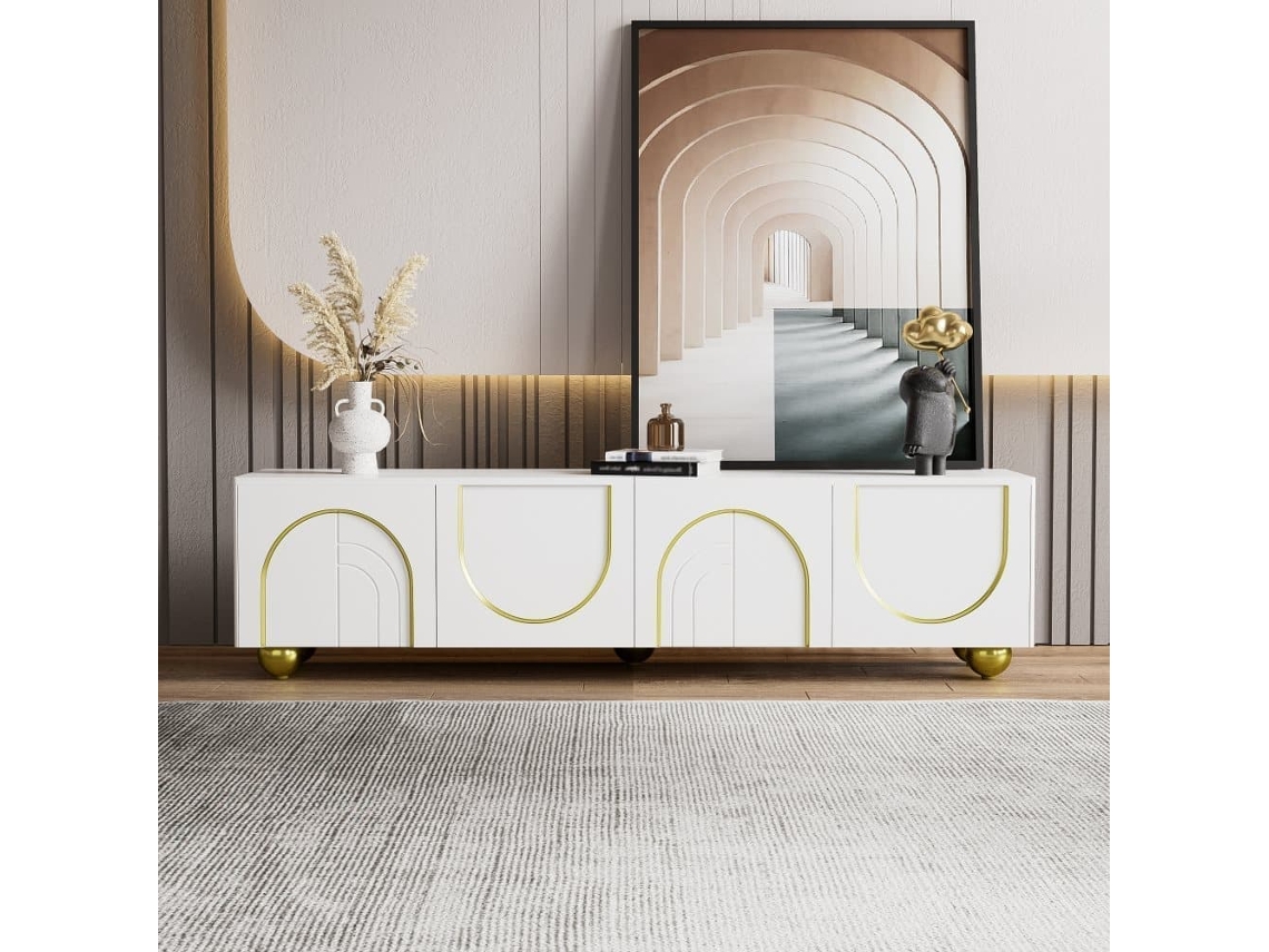 Mueble Tv Bajo - Puertas Estructuradas, Cajones Y Estantes Abiertos, Tiradores Y Patas Doradas - Blanco