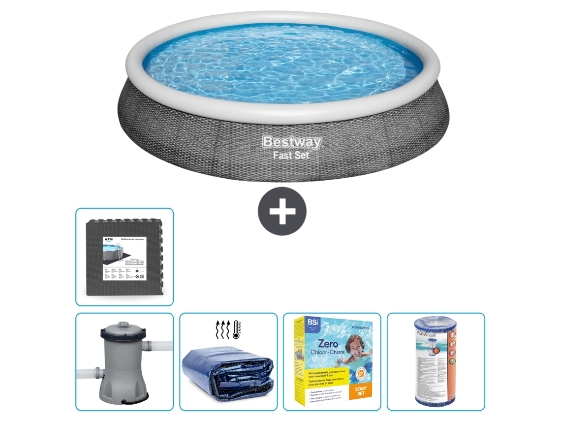 Piscina hinchable redonda Fast Set BESTWAY - Estampado ratán - 396 x 84 cm - Bomba incluida Vela solar - Paquete de mantenimiento - Filtrar - Baldosas