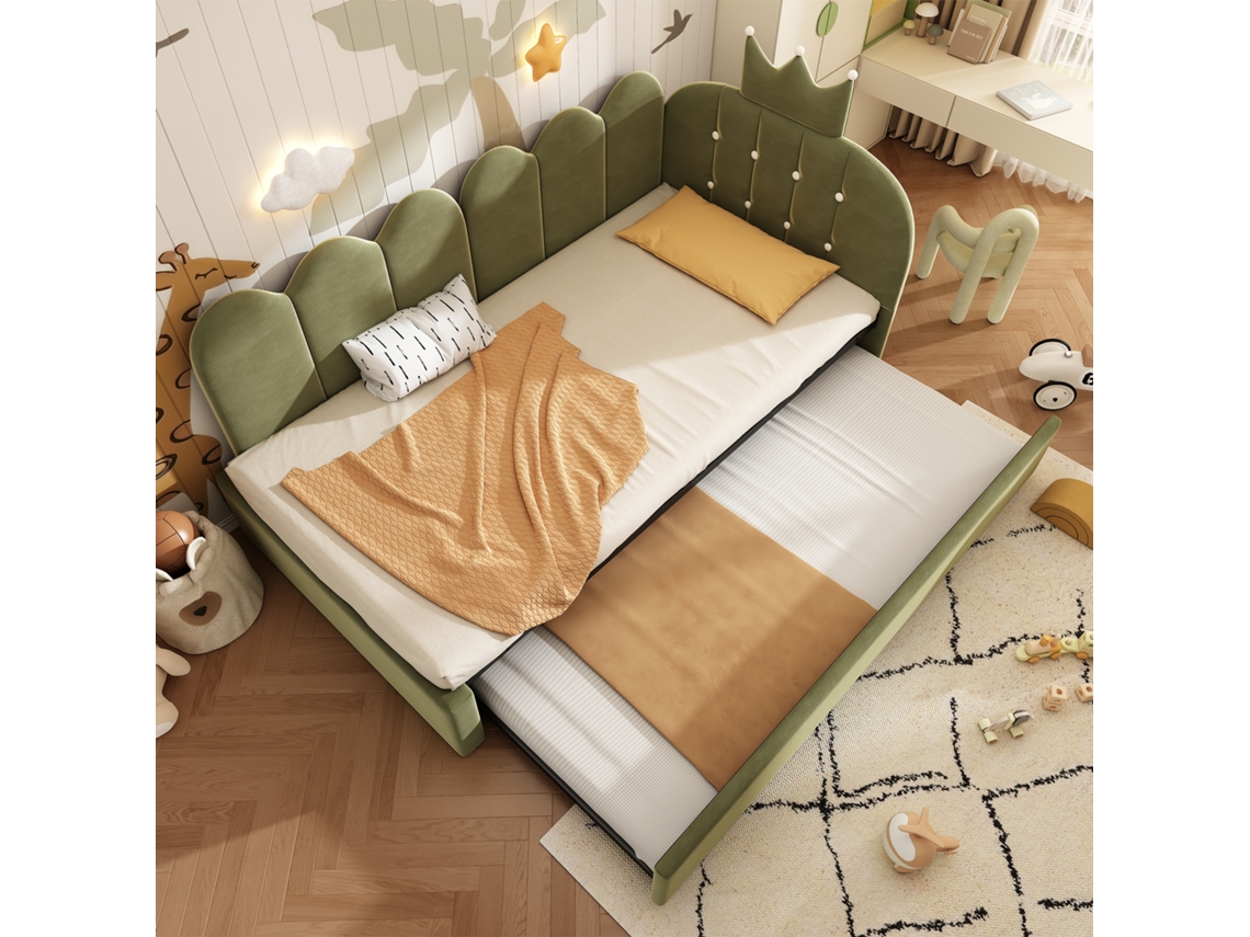 Sofá Cama Terciopelo Verde 90x200 Cm Con Cama Nido 90x190 Cm, Diseño Corona, Ideal Infantil/invitados, Sin Colchón.