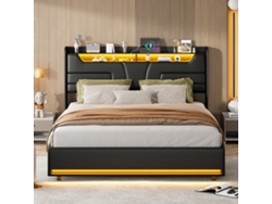 Cama De Matrimonio 140x200 Con Almacenaje Hidráulico Y Luces Led - Cama Tapizada Negra De Pu Con Cabecera Y Pie Iluminados Y Estación De Carga