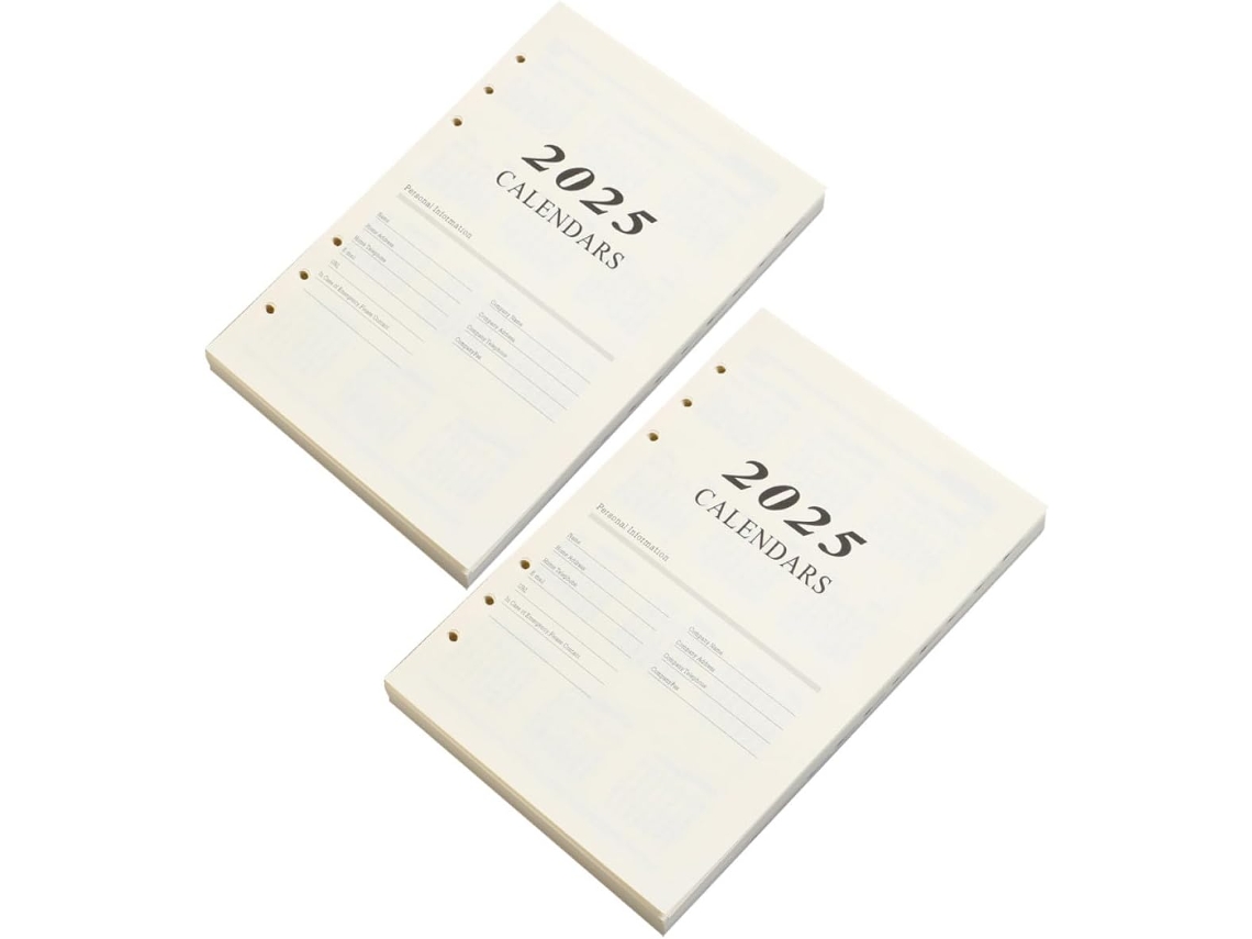 2 juegos de hojas sueltas tamaño A5 con 6 agujeros para agenda y cuaderno.